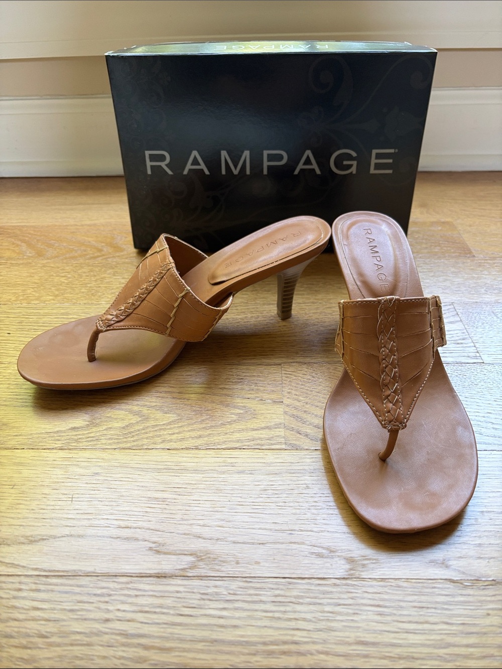 Rampage Tan Braided Thong Mid-Heel Sandals